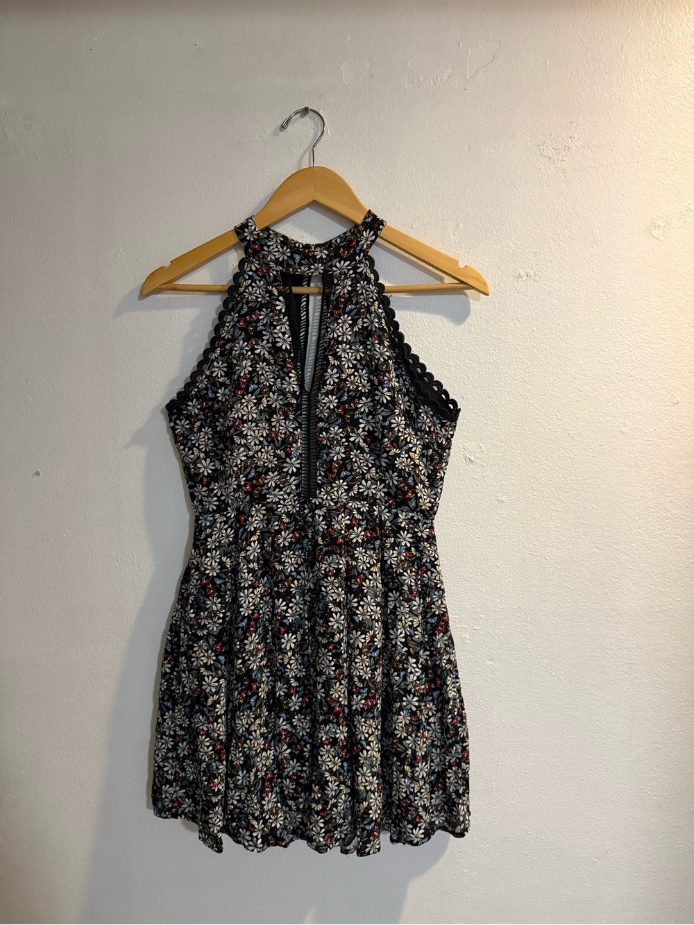 Black Floral Halter Mini Dress with Lace Trim